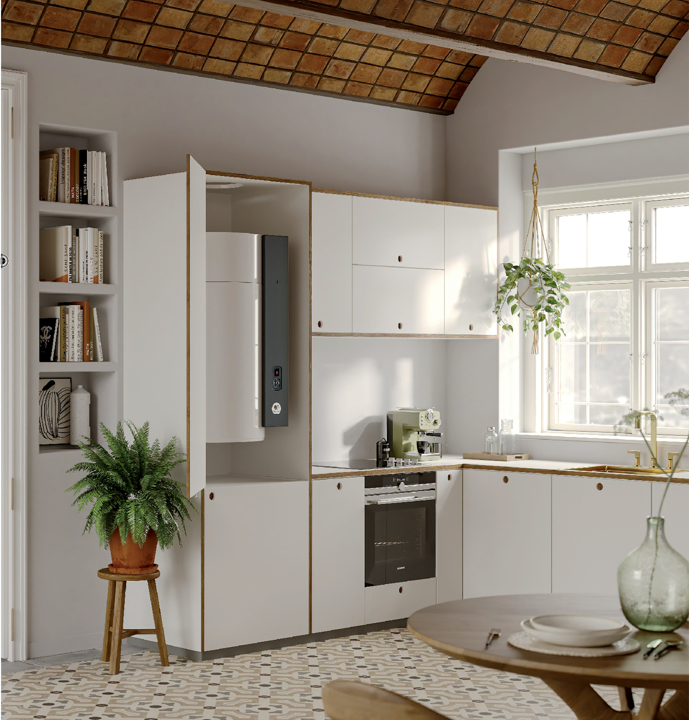 La Bomba de Calor Aerotermia THERMOR AEROMAX VM R290 100 es la solución perfecta para quienes buscan máximo ahorro energético, silencio y diseño compacto en la producción de agua caliente sanitaria. Diseñada para viviendas de dimensiones reducidas, destaca por su instalación mural ultra versátil, permitiendo colocarla tanto en interior como en exterior, incluso en espacios tan optimizados como encima de una lavadora.